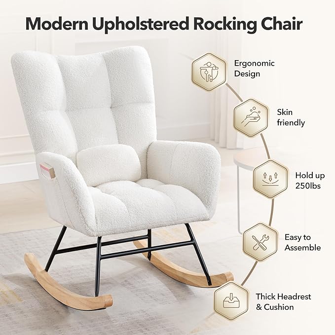 Nursery Rocking Chair,300Lb Glider Chair with Wood Legs/Two Side Pockets,Teddy Upholstered Glider Rocker with Padded Seat High Backrest for Living Room/Bedroom/Nursery