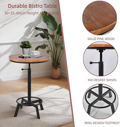 Vintage Bar Table 30-35.4inch Height Adjustable Industrial Bistro Table Retro Dinning Table for Kitchen Coffee House Pub Swivel Wooden Top