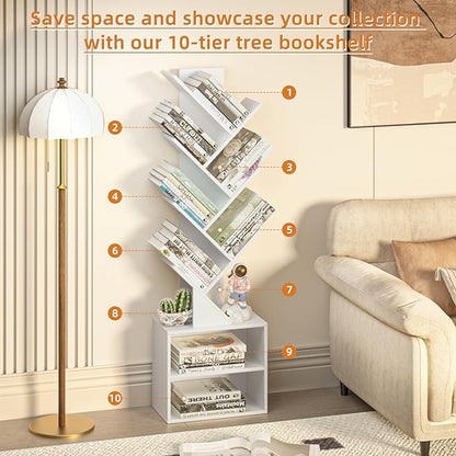 10 Tier Tree Bookshelf,Floor Standing Wood Tall Bookcase for Narrow Space, Storage Organizer Bookshelves for Books, Book Case for CDs/Movies/Books,Home Office,Living Room, Bedroom