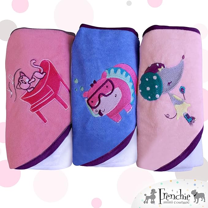 Frenchie Mini Couture, Hooded Bath Towels for Babies, 80% Cotton/20% Polyester, Kitty/Hippo/Mouse Baby Bath Towel Set, Pack of 3