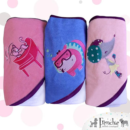 Frenchie Mini Couture, Hooded Bath Towels for Babies, 80% Cotton/20% Polyester, Kitty/Hippo/Mouse Baby Bath Towel Set, Pack of 3