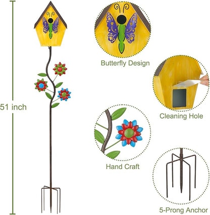 51” Bird Houses Stake for Outside, Metal Wild Bird Feeder Birdhouse Stake Pole with Butterfly Design Outdoor Decorations for Patio, Backyard, Garden
