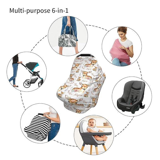 Personalized Deer Baby Car Seat Cover with Name,Multi-Use Canopy for Nursing, Strollers,Shopping Carts,Customized Breastfeeding Cover, Full Privacy,Infant Stroller Cover