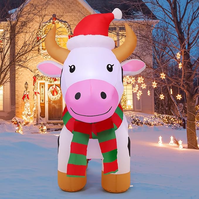 COMIN 5.9 FT Christmas Inflatables Outdoor Decorations Inflatable Cow with LEDs,Quick Blow Up with Built-in LEDs for Yard Party Lawn Decor