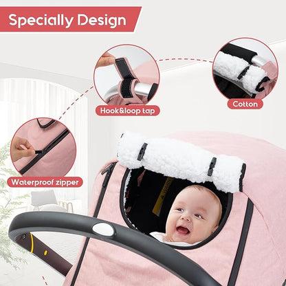 Winter Baby Car Seat Cover, Waterproof Carseat Cover with Zipper Peep Window, Warm Sherpa Fleece Lining, Universal Infant Car Seat Canopy Stroller Cover for Rain Snow Cold Weather (Pink)