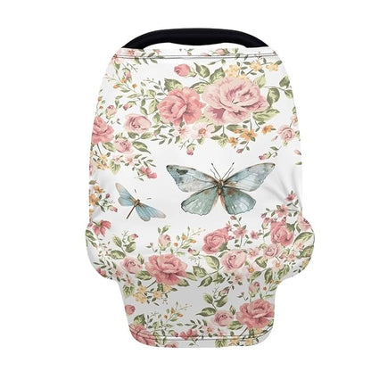 Biyejit Rose Butterfly Car Seat Covers, Baby Car Seat Canopy Carrier Cover Breathable Nursing Cover for Breastfeeding Stretchy Carseat Cover Boys Girls Multi-Use Infant Carseat Stroller Cover