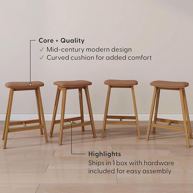 Plank+Beam Beryl Counter Height Stool - Mid-Century Modern Rubberwood Bar Stool with Faux Leather Seat, Metal Footrest, Easy Assembly, 4-Pack, Pecan/Toffee