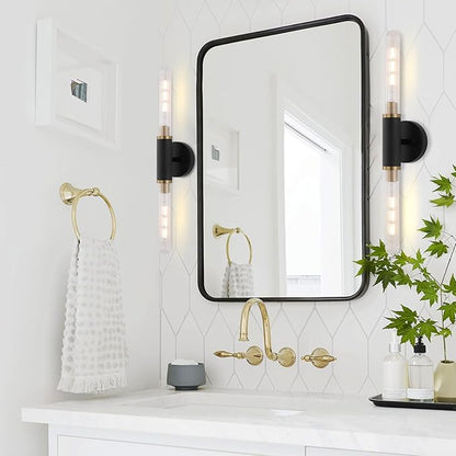 Modern Wall Sconces 24" Knurled Texture Cylinder Bathroom Vanity Lights Fixtures with Clear Striped Glass Shade 2-Lights Brushed Brass Gold Black Indoor Wall Lighting for Bedroom Hallway