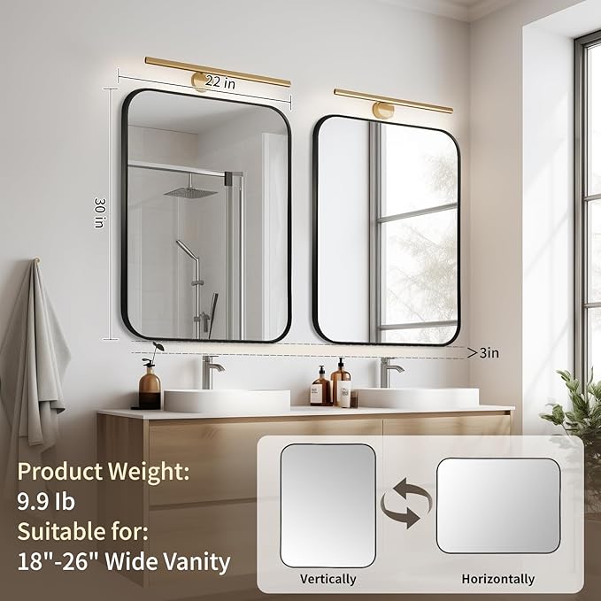 Black Bathroom Mirror, 22x30 Inch Aluminum Frame Rectangle Mirror, Anti-Rust, Tempered Glass, Wall Mirror for Over Sink, Vanity, Bedroom, Entryway, Horizontal/Vertical
