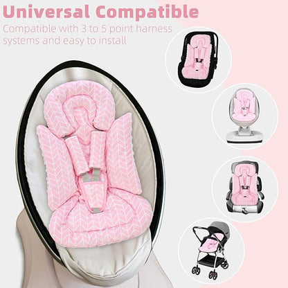 4 in 1 Infant Car Seat Insert, Baby Car Seat Head Body Support for Girls & Boys, Reversible Newborn Car Seat Insert with 3 Extra Strap Paddings, Premature Car Seat Cushion (Stripes Pink)