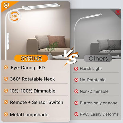 Syrinx LED Floor Lamp, Double Head Gooseneck Floor Lamps for Living Room with Gesture Switch & Remote Control, 14W Bright Tall Standing Lamp Modern Eye-Caring Reading Floor Lamp for Bedroom Office