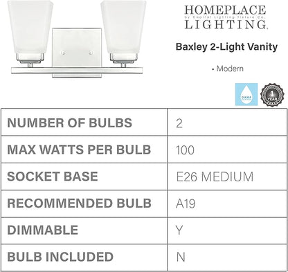 HomePlace Lighting 114421PN-334 Baxley Modern Soft White Glass Bathroom Vanity Wall Light, 2-Light 200 Total Watts, 7" H x 13" W, Polished Nickel