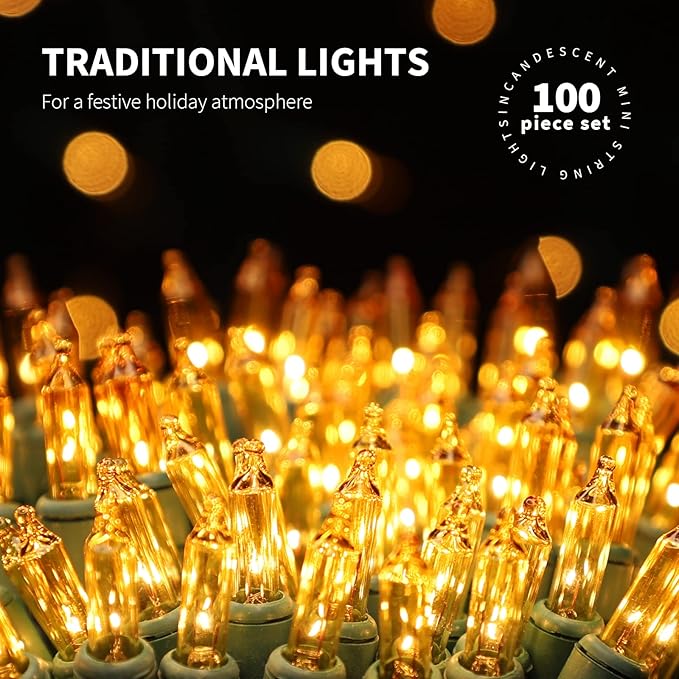 100LIGHTS Yellow Extra-Bright with End Connectors Christmas Decorative Lights 5.98m UL Certified Mini String Light Set Waterproof for Home Garden Holiday Christmas Tree Party Patio Wedding