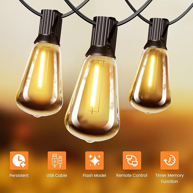 OHLUX 120FT Solar String Lights Outdoor with Remote, 2200K Soft Warm Patio Lights with 52 Shatterproof Tear-Drop LED Filament ST38 Bulbs, Dimmable Outside Edison Hanging Light for Backyard Deck Roof