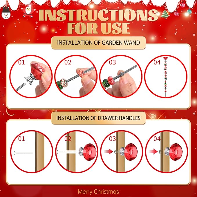 DIY Fairy Wand Garden Beads Stakes Wands Kit,Multiple Color Scheme European Beads Crystal Diamond Tops and 12 or 10 Inch Threaded Rods,Stainless Steel Stakes with Diamond Toppe(red+green+white)