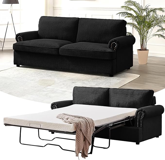 Reversible Sleeper Sofa Bed with Comfortable Memory Foam Mattress, Convertible Corduroy Full Size Pull Out Couch for Living Room, Space Saving Furniture, 72" Wide, Rounded Arms, Black