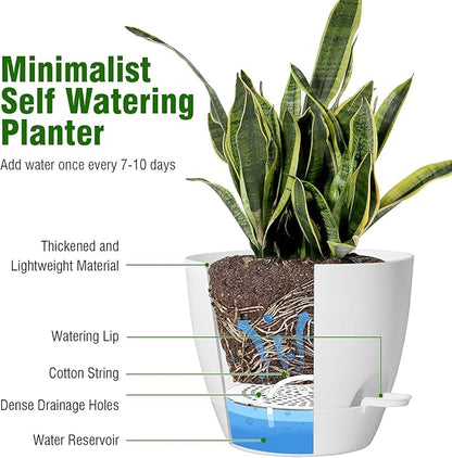 10/9/8 inch Medium Self Watering Pots, Plant Pots with Mesh Drainage Holes for Indoor Outdoor Garden Plants, Flower Pots with Removable Reservoir, Set of 3 Plastic Planters, White