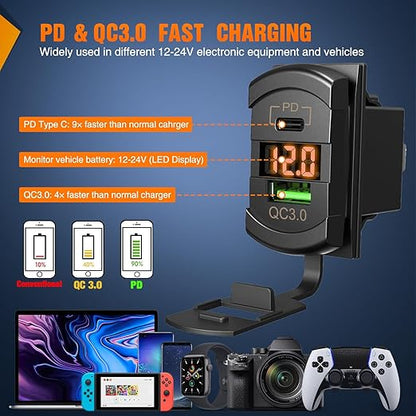 Nilight 3 Gang Rocker Switch Panel with PD Type C and USB Charger Voltmeter 12V SPST ON Off Toggle Switches with Orange Backlit Waterproof Aluminum for Boats Cars RVs Trucks
