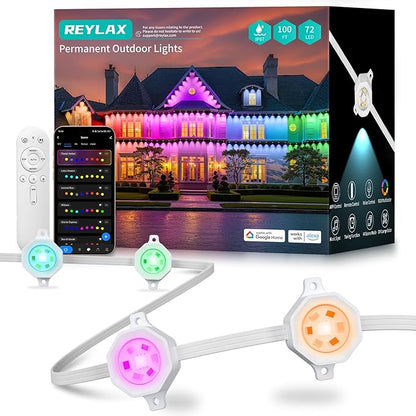REYLAX Permanent Outdoor Lights Pro, 100ft with 72 Triple-LED 135lm, RGB+IC Smart Eaves Christmas Lights for House, IP67 Waterproof, Multi Scenes for Outdoor Decor, Works with Alexa, Google, Remote