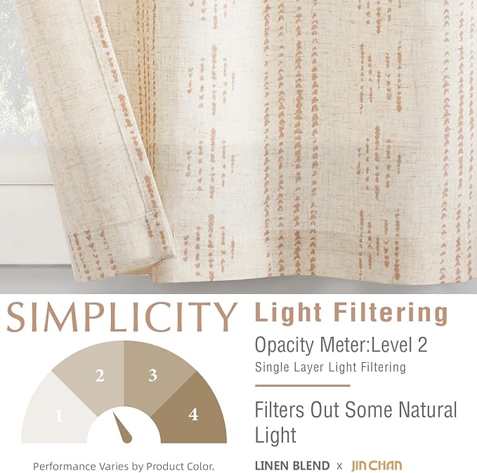 jinchan Boho Kitchen Curtains Linen Tier Curtains 24 Inches Bohemian Cafe Small Drapes Striped Mudcloth Farmhouse for Bathroom RV Camper Light Filtering Rod Pocket 2 Panels Taupe on Beige