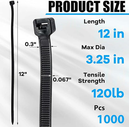 500 Pcs 12 Inch Zip Ties Heavy Duty 120 Lbs Tensile Strength Black Nylon Wire Cable Ties Bulk for Indoor Outdoor