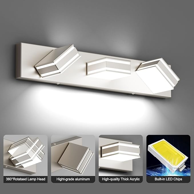 Ralbay 24inch Brushed Nickel Bathroom Vanity Lights 3-Light Metal Acrylic LED Modern Bathroom Wall Lighting Fixtures