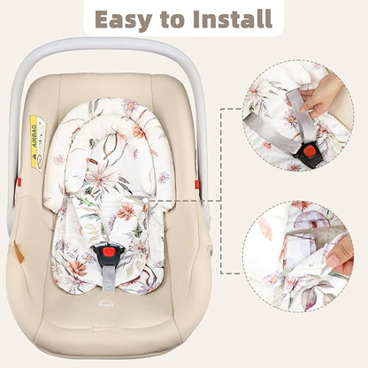 2-in-1 Infant Car Seat Insert, Upgraded Newborn Carseat Insert, Breathable & Soft Baby Car Seat Head Support with 2 Strap Covers for Girls, Perfect for Carseat, Stroller, Swing, White Flower