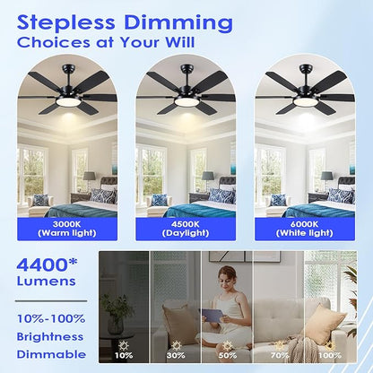 Hounberi 52 Inch Ceiling Fans with Lights and Remote, Modern Black Ceiling Fan with Light, Quiet DC Reversible Motor, 3CCT Dimmable LED Light, Black & Wood Hanging Fan for Bedroom, Living Room