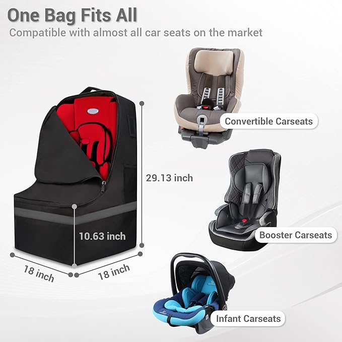 Car Seat Travel Bag - Padded, Comfortable, Durable, Roomy Gate Check Carseat Cover Backpack Fits 3-in-1，Convertible, Booster & Infant Car Seats for Airplane, Airport, Gray