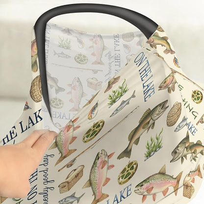 Gone Fishing Car Seat Cover for Babies Vintage Lake Fishing Lovers Gift Stretchy 5-in-1 Covers Adjustable Car Canopy Cover Vacation Outdoors Adventure Breathable Nursing Cover-Up