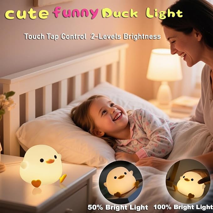 HAPPYBAG Cute Pea Duck Night Light,Duck Lamp,2 Levels Dimmable Silicone Ducky Light,LED Squishy Animal Light for Kids Sleep,Rechargeable Bedside Touch Lamp, Kids Room Decor Gift Toy