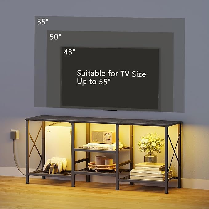 TV Stand with LED Lights for 55 Inch TV, Entertainment Center with 3-Tier Open Shelves, TV Console Table for Living Room, Bedroom, Black