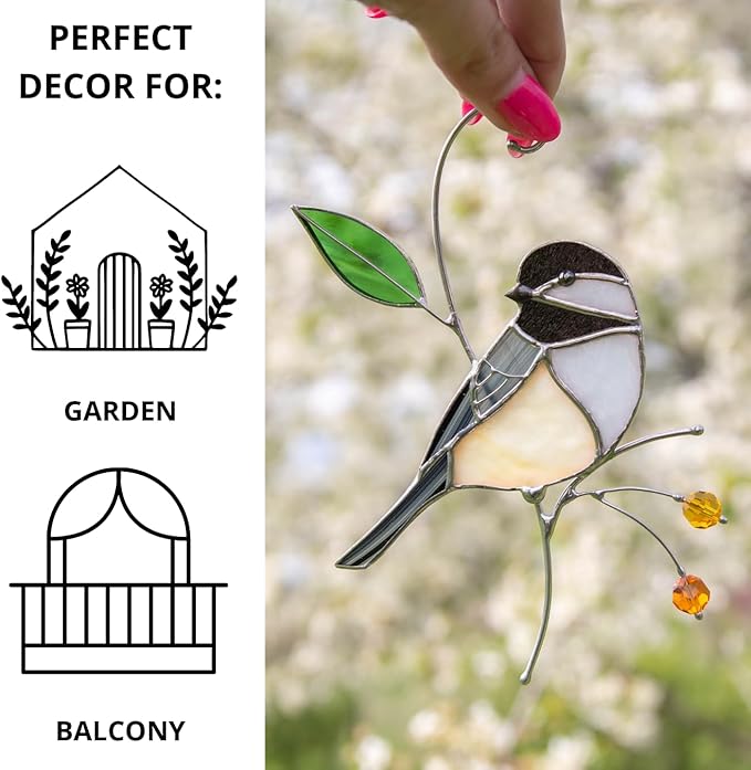 Gift Birds Handmade Chickadee Stained Glass Suncatchers Genuine Stained Glass Window Hanging Unique Indoor Ornament & Outdoor Decor (A Chickadee)