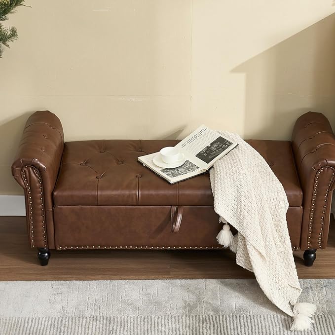 Furniliving 55” End of Bed Bench, Bedroom Bench with Button-Tufted, Large Upholstered Storage Ottoman Entryway Bench with Storage Shoe Cabinet Bench, for Bedroom, PU, Brown
