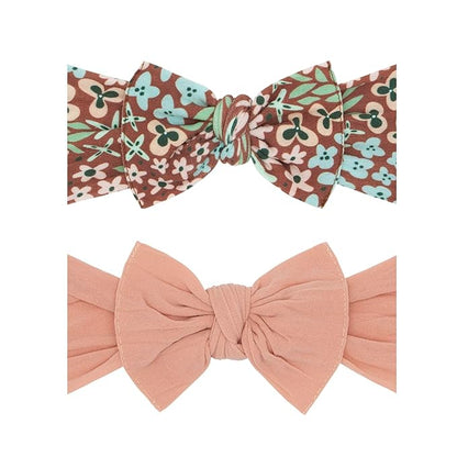 Baby Bling Bows - Newborn to Little Baby Girl Bows, 2PK PRINT SOLID KNOTS Nylon Super Soft Stretchy Toddler Headbands, Perfect Hair Accessories Head Bands for Infant Kids (Spice Floral & Rose Gold)