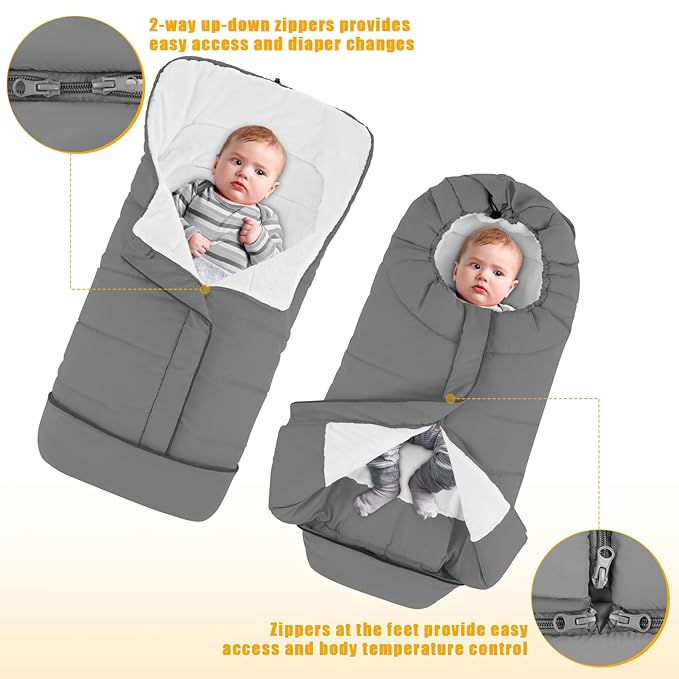 Yoofoss Stroller Cover for Winter, Toddler Stroller Footmuff Universal for Most Stroller, Water Resistant Warm Coral Baby Stroller Bunting Sleeping Bag Light Grey