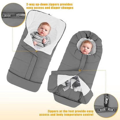 Yoofoss Stroller Cover for Winter, Toddler Stroller Footmuff Universal for Most Stroller, Water Resistant Warm Coral Baby Stroller Bunting Sleeping Bag Light Grey
