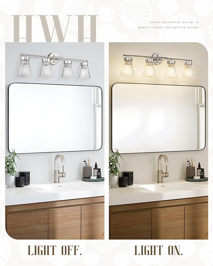 4-Light Bathroom Vanity Light Fixtures, HWH Brushed Nickel Bathroom Vanity Lighting Modern Vanity Light Over Mirror with Clear Striped Glass Shade, 5HZG97B-4W BN