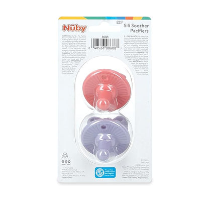 Nuby 3-D Sili Soother Pacifiers with Soft Handle and Two Safety Air Holes, 2 Pack, 0+ Months, Purple Bow and Pink Flowers