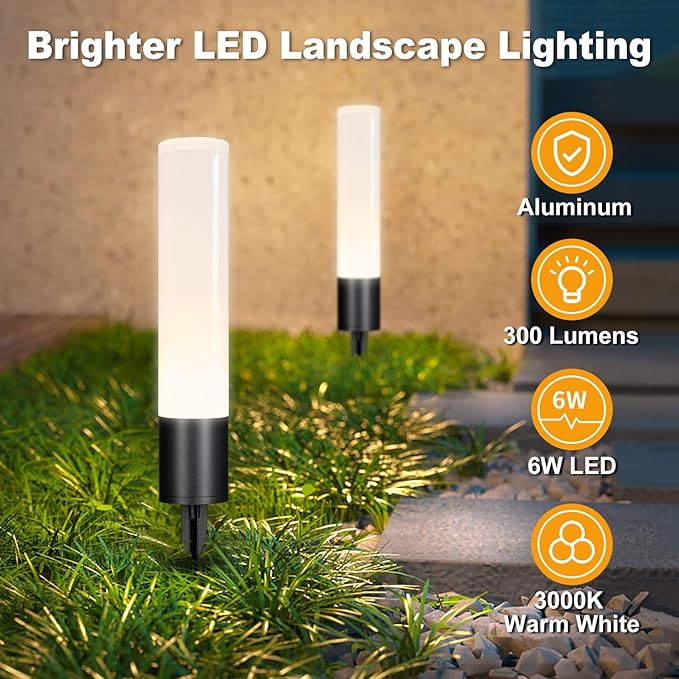 Landscape Lighting Low Voltage Pathway Lights, 8 Pack Landscape Path Lights 300LM 6W, 3000K Bollard Aluminum Low Voltage Landscape Lights Wired for Walkway Yard Garden