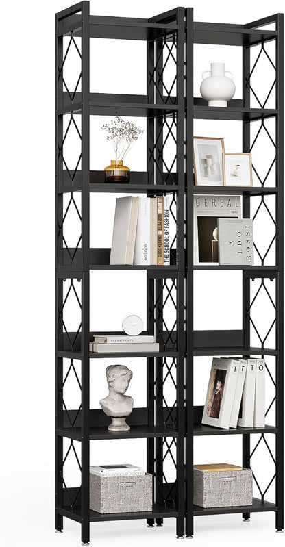 LITTLE TREE Book Shelf Set of 2, 7-Tier Tall Bookcase, Wooden Display Shelves with Metal Frame for Living Room, Modern Narrow Standing Bookshelves for Bedroom, Black Office Shelf for Small Spaces