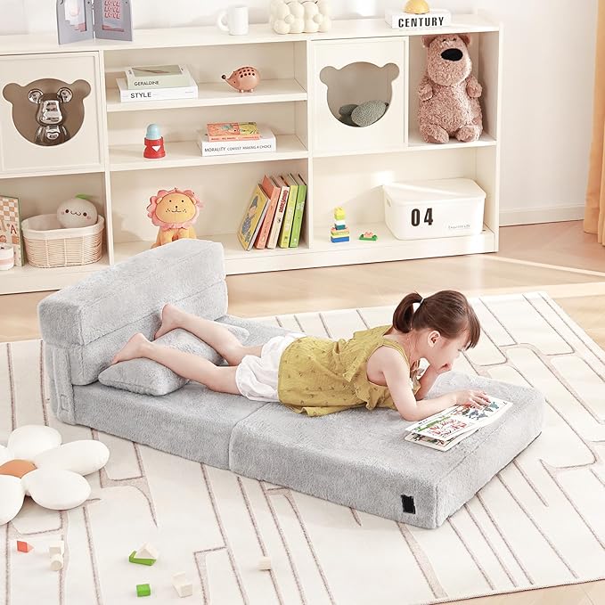 Folding Sofa Bed Floor Mattress for Kids with Pillow, Toddler Washable Folding Floor Nap Mat for Sleeping Daycare, Child Fold Up Sofa Futon Chair Bed with Storage Bag for Girls and Boys