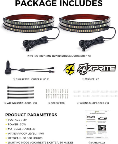 Xprite 2PCS 70 Inch Running Board Lights, 864 LED Emergency Strobe Light Strip, Truck LED Light Strip, Flexible Waterproof Running Board Emergency Lights for Trucks Pickup SUV Jeep – White & Red