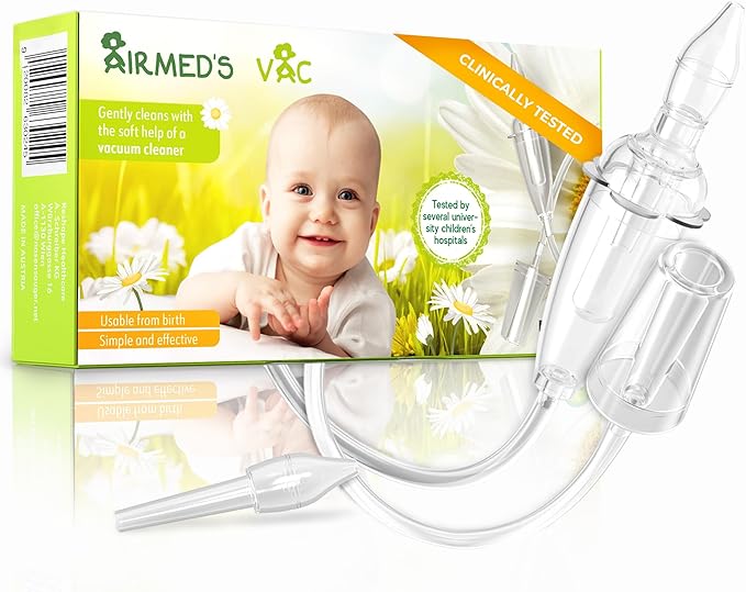 Airmed's Vac Nasal Aspirator Baby. CLINICALLY Tested, Safe and Gentle. Baby Nose Sucker with 2 Suction Heads and Cleaning Brush. Safe and Gentle Baby Nasal Aspirator with Strength of a Vacuum Cleaner
