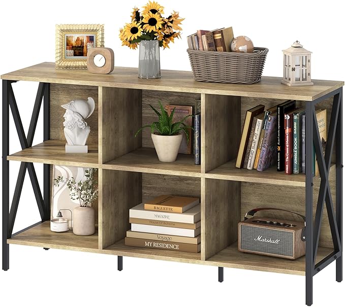 Horizontal Bookshelf Bookcase,6 Cube Storage Organizer with Open Shelf,47 Inch Industrial Low Wide Wood and Metal Cubby shelf,Long shelving unit for Home Office Living Room(Rustic Oak,6 Cube)