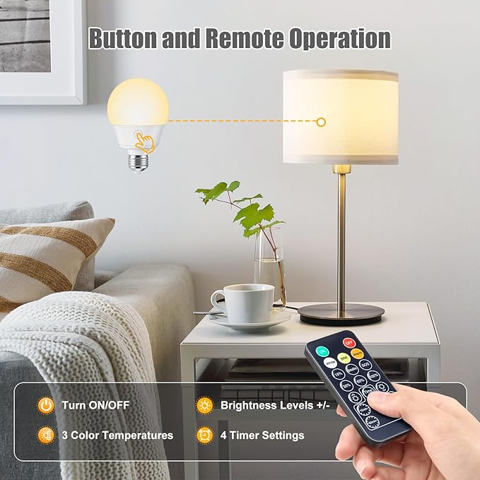 Brightown E26 Rechargeable Light Bulb with Remote Timer and 3 Color Temperatures, Battery Backup Bulb for Sconces and Lamps, E26 Detachable Charging for Non-Hardwired Fixture, Dimmer, 700LM