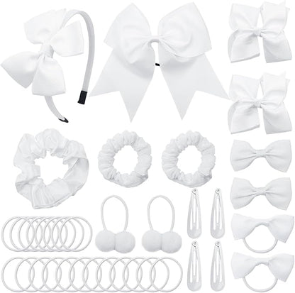 LACGO Pack of 37 School Uniform Hair Bow Accessories - Wedding Bridesmaid Grosgrain Hair Clips Bow Headband Ribbon Alligator Ponytail Holder for Toddlers Teen Girls Uniform Party Prom(White)
