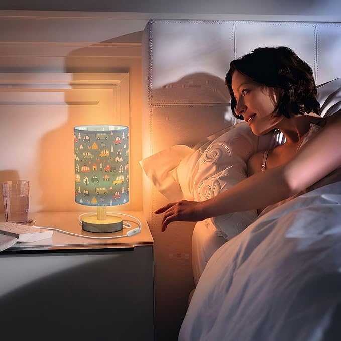 Table Lamp Cute Cars Pattern Cartoon Transportation Doodle Nightstand Lamp with Wood Base Fabric Lamp Shade Bedside Desk Lamp for Living Room Bedroom Kids Room Office