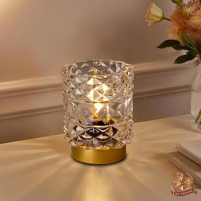 MJ PREMIER Battery Operated Lamp with Timer, Cordless Table Lamps for Shelf Decor, Rhombus Texture Aesthetic Crystal Lamp, Small Decorative Lamps for Bedroom/Bathroom/Kitchen/Entryway/Dorm (Clear)