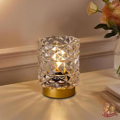 MJ PREMIER Battery Operated Lamp with Timer, Cordless Table Lamps for Shelf Decor, Rhombus Texture Aesthetic Crystal Lamp, Small Decorative Lamps for Bedroom/Bathroom/Kitchen/Entryway/Dorm (Clear)